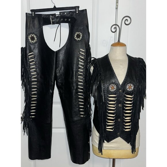 Black Leather Vest 20" & Chaps Adjustable Fringe Beads Trible Look Embellished - Picture 3 of 16